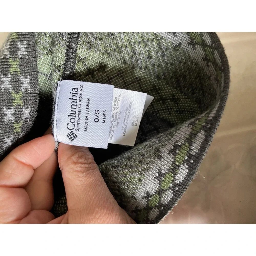 Columbia Beanie Hat 100% Acrylic Fair Isle Gray Green Adult Men's One Size